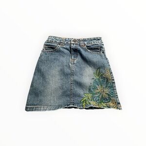 Mary-Kate and Ashley Denim Mini Skirt Girls 10 Blue Floral Embroidered Beaded